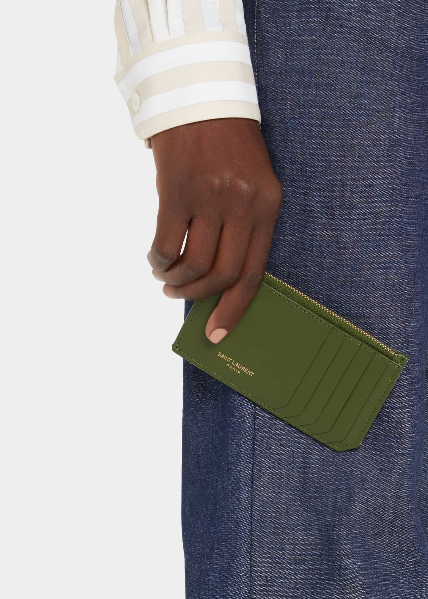YSL Fragments Zipped Card Case in Dark Pine