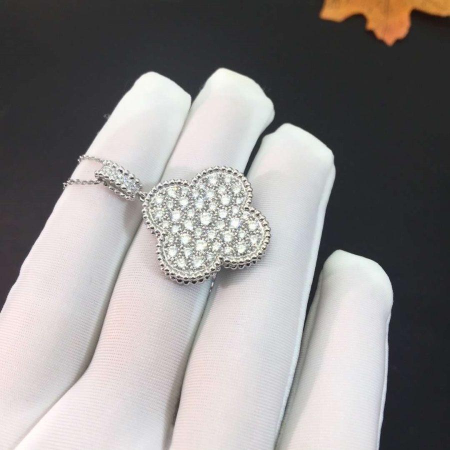 [Van Cleef & Arpels] 25MM SILVER FULL DIAMOND BIG CLOVER NECKLACE