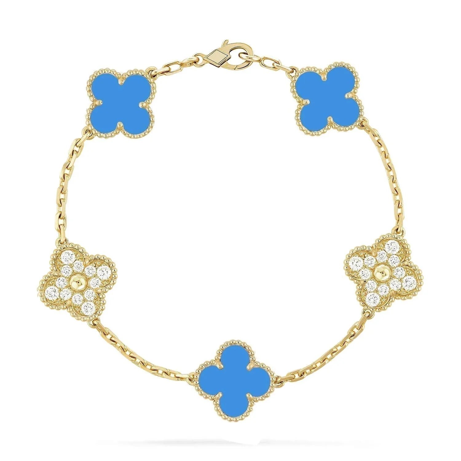 [Van Cleef & Arpels] 5 MOTIF BLUE CHALCEDONY DIAMOND GOLD BRACELET