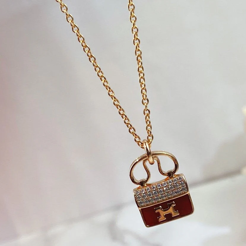 [Hermes]CONSTANCE RED PEDANT PINK GOLD NECKLACE