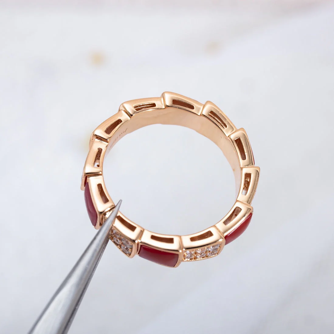 [Bulgari]SERPENTI RING PINK GOLD CARNELIAN DIAMOND PAVED 4MM
