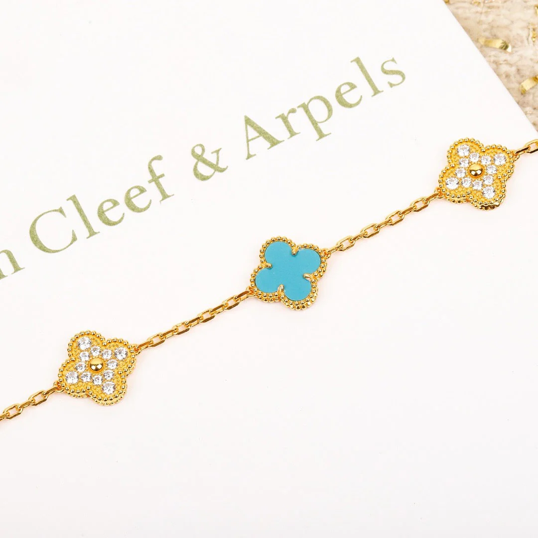 [Van Cleef & Arpels] 5 MOTIF TURQUOISE DIAMOND GOLD BRACELET