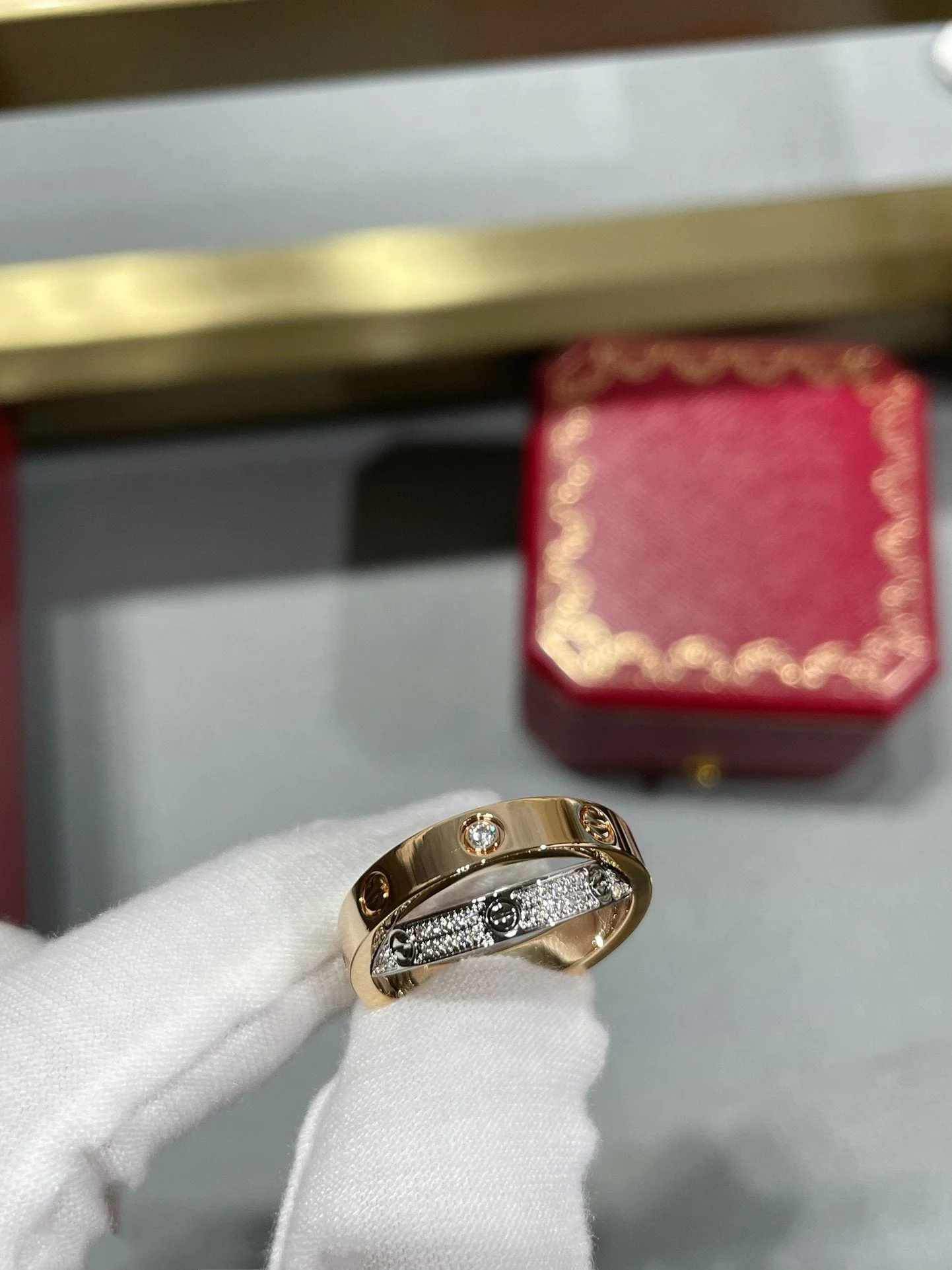 [Cartier]LOVE PINK GOLD SILVER DIAMOND DOUBLE RING