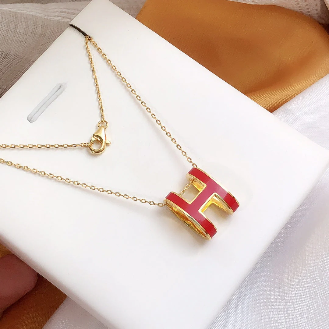 [Hermes]HM CLIC RED ENAMEL GOLD NECKLACE