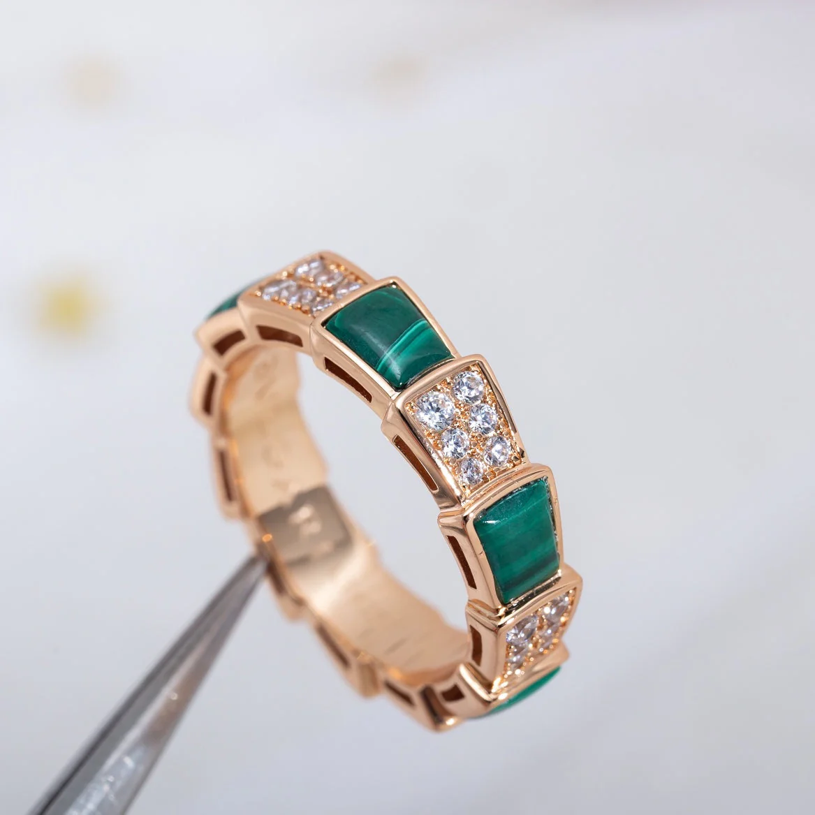 [Bulgari]SERPENTI RING PINK GOLD MALACHITE DIAMOND PAVED 4MM