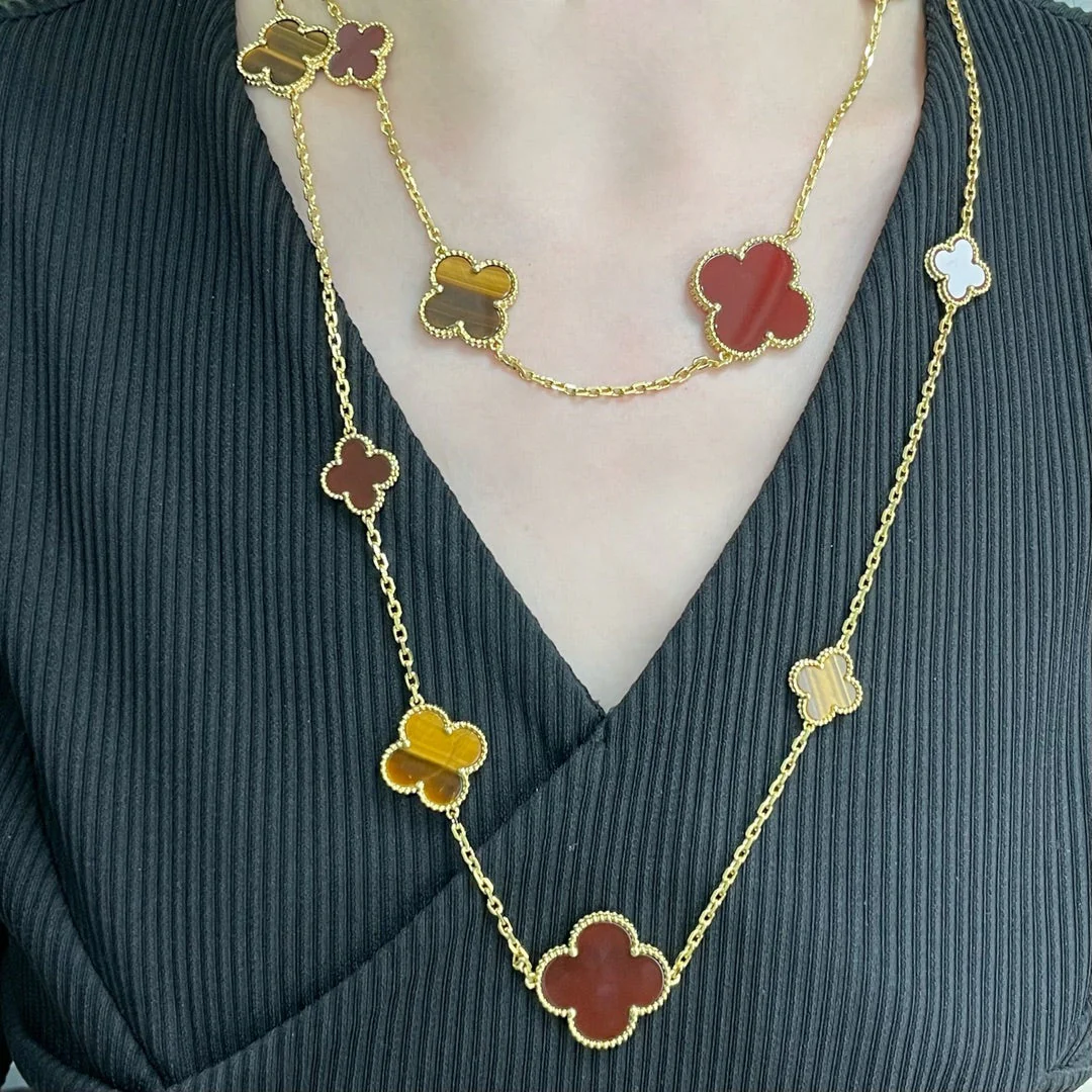 [Van Cleef & Arpels] 16 MOTIF CARNELIAN TIGER EYE ROSE GOLD NECKLACE