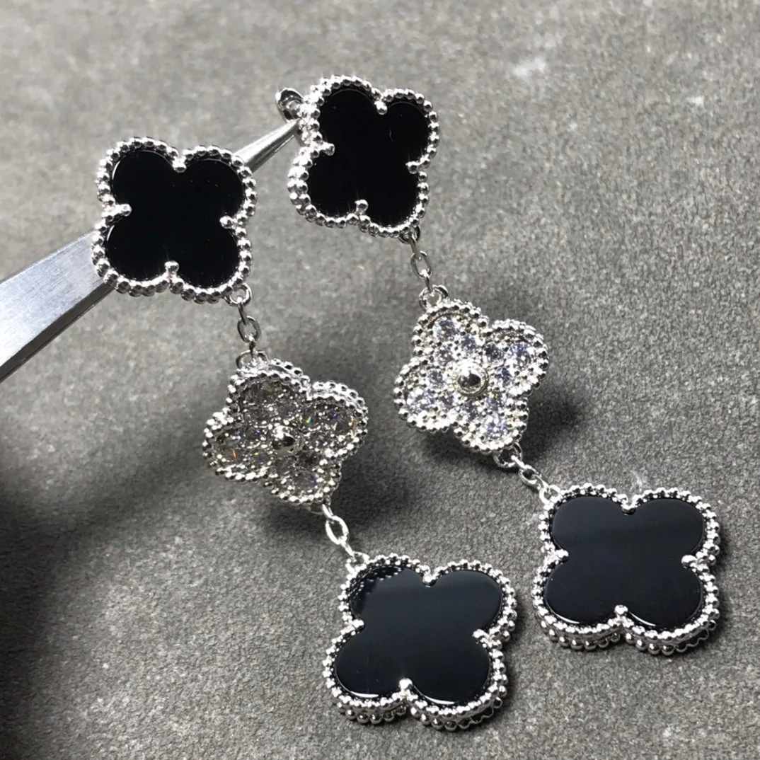 [Van Cleef & Arpels] 3 MOTIF DIAMOND ONYX SILVER EARRINGS