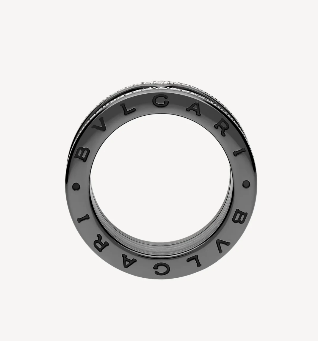 [Bulgari]ZERO 1 ROCK FOUR-BAND BLACK CERAMIC WITH STUDDED SPIRAL AND PAVED DIAMONDS RING