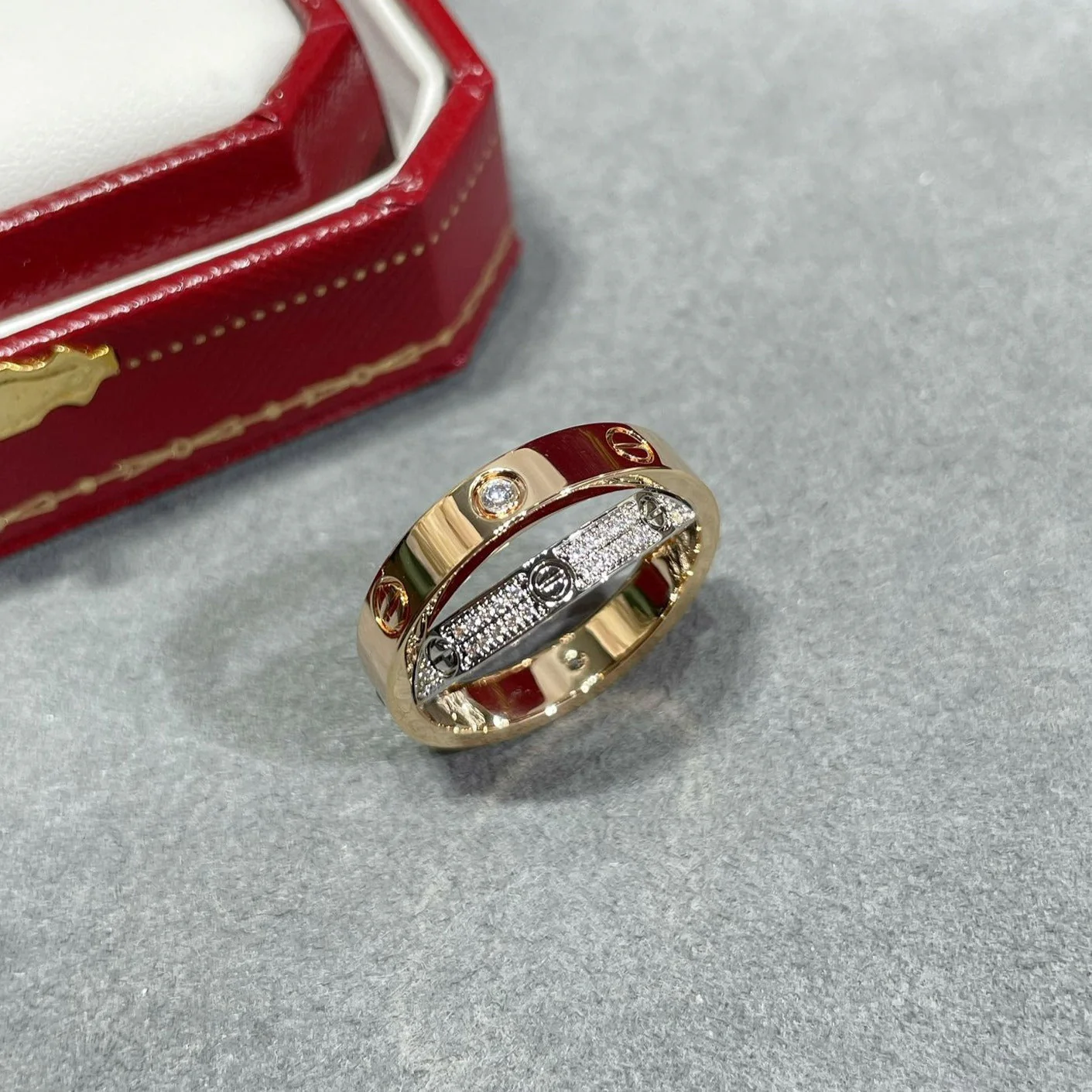 [Cartier]LOVE PINK GOLD SILVER DIAMOND DOUBLE RING