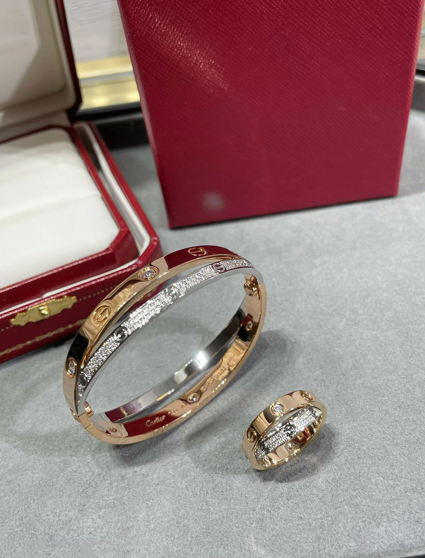 [Cartier]LOVE PINK GOLD SILVER DIAMOND DOUBLE RING