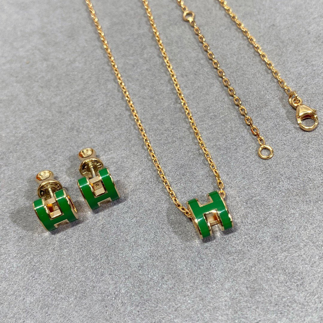 [Hermes]POP H GREEN NECKLACE SILVER AND GOLD