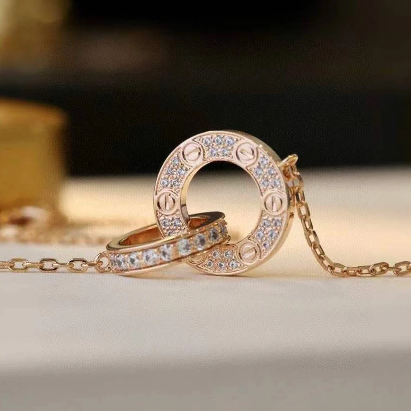 [Cartier]LOVE 7.6MM NECKLACE ROSE GOLD AND SILVER  FULL DIAMOND
