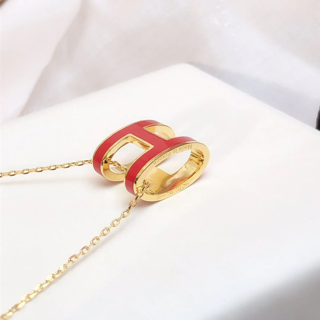 [Hermes]HM CLIC RED ENAMEL GOLD NECKLACE