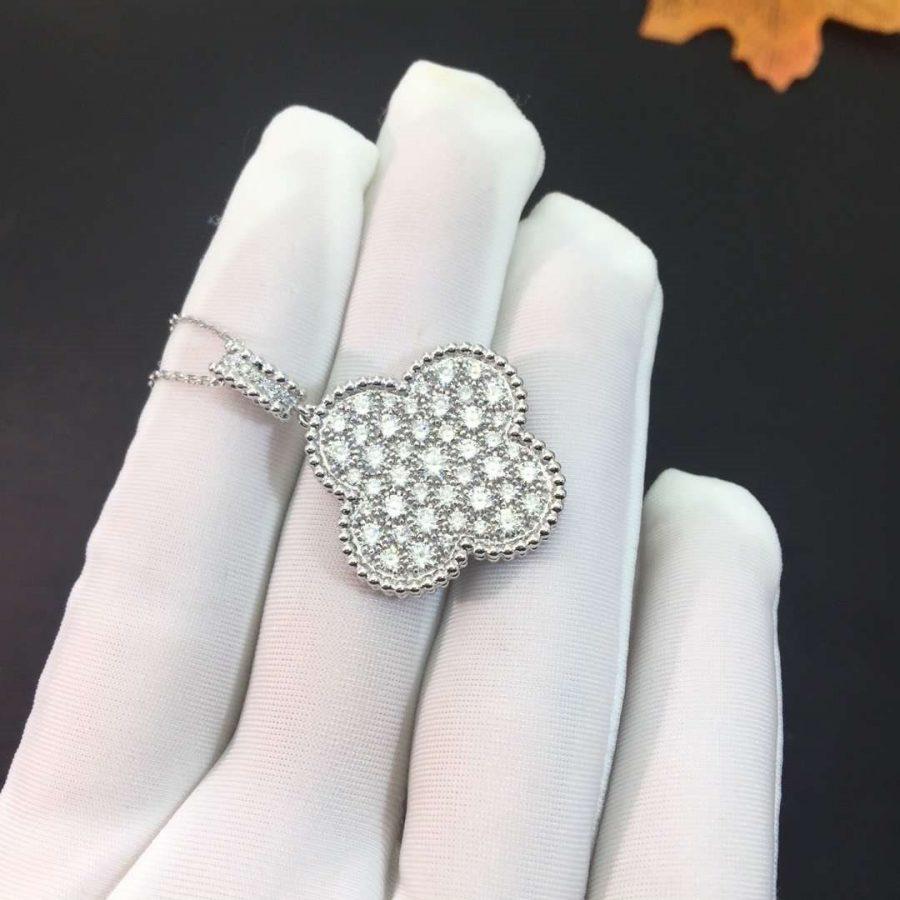 [Van Cleef & Arpels] 25MM SILVER FULL DIAMOND BIG CLOVER NECKLACE