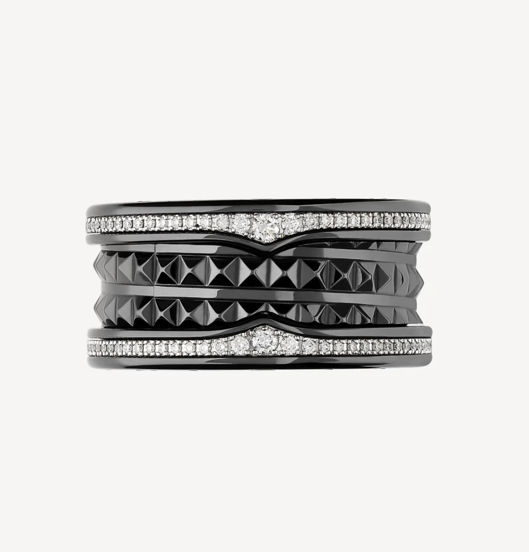 [Bulgari]ZERO 1 ROCK FOUR-BAND BLACK CERAMIC WITH STUDDED SPIRAL AND PAVED DIAMONDS RING