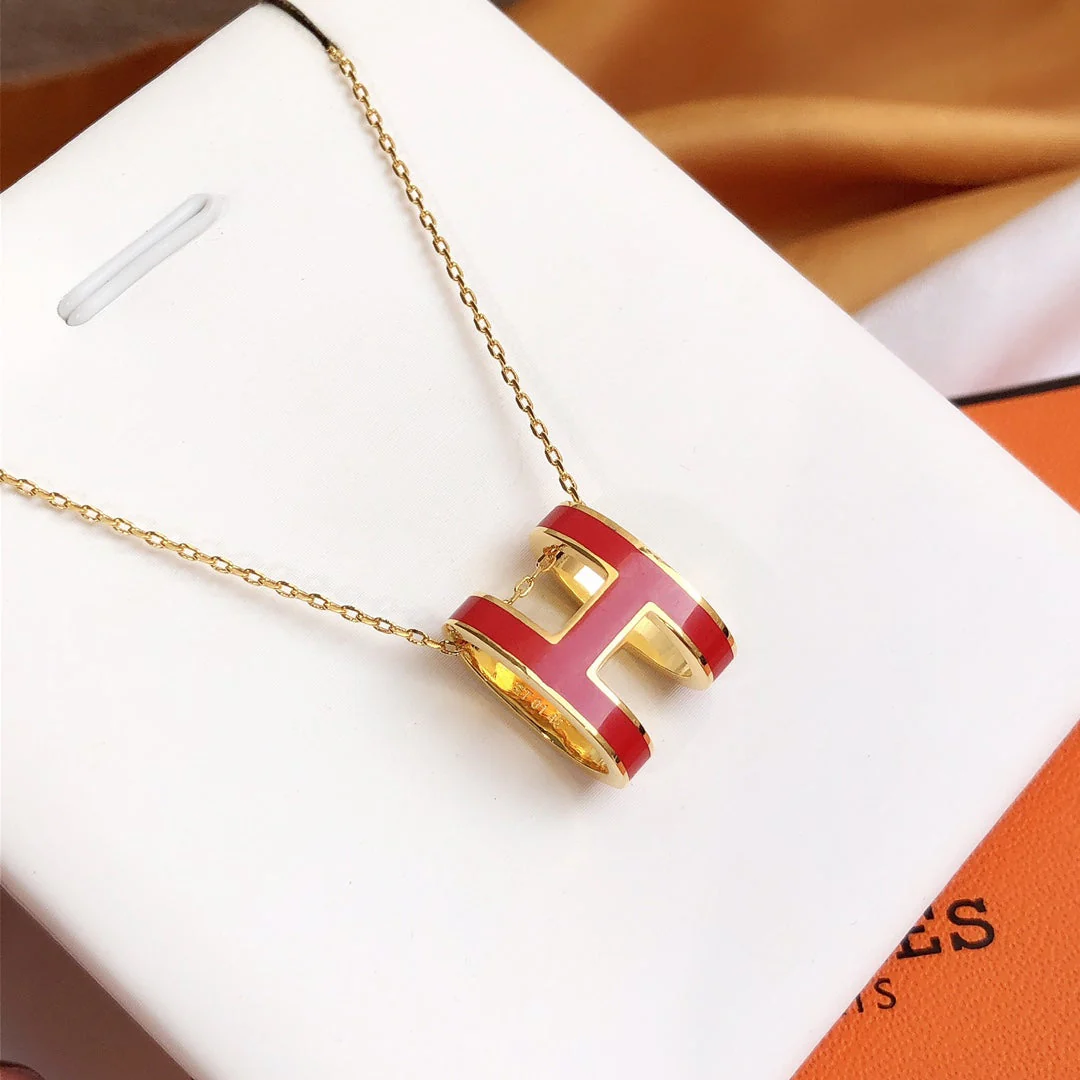 [Hermes]HM CLIC RED ENAMEL GOLD NECKLACE