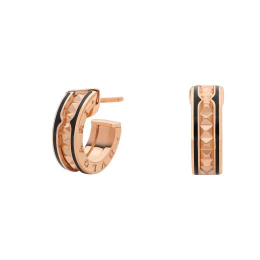 [Bulgari]ZERO 1 ROCK PINK GOLD EARRINGS WITH STUDDED SPIRAL AND BLACK CERAMIC
