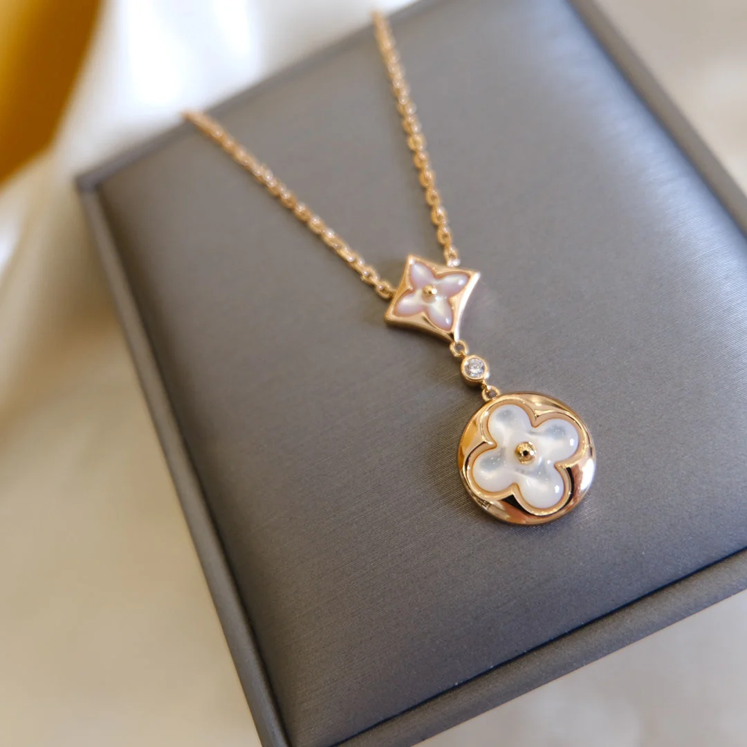[Louis vuitton]STAR AND SUN WHITE MOP 2 MOTIF PINK GOLD NECKLACE