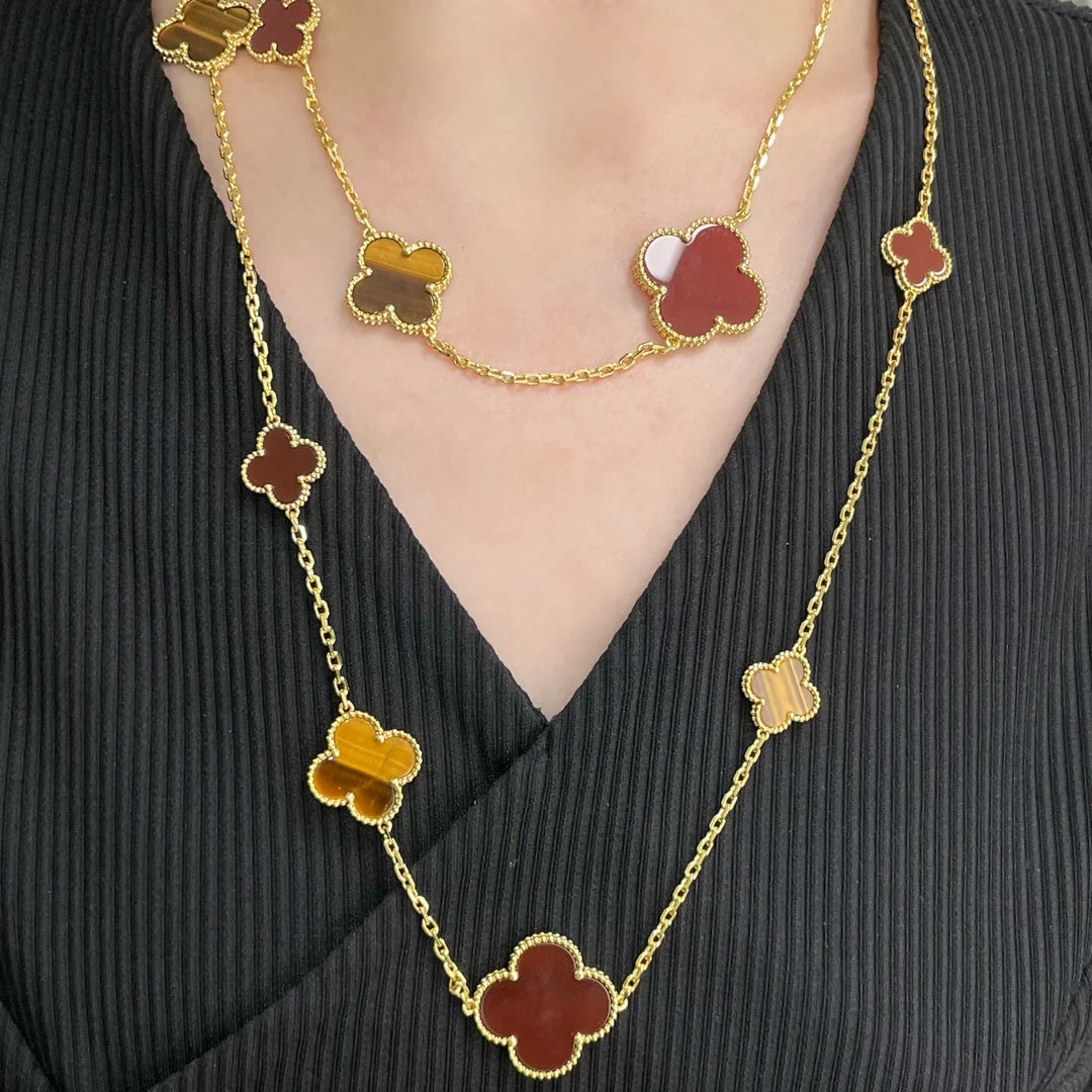 [Van Cleef & Arpels] 16 MOTIF CARNELIAN TIGER EYE ROSE GOLD NECKLACE