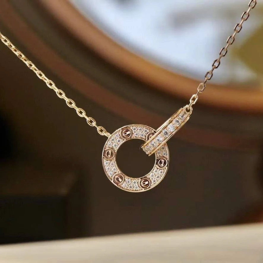 [Cartier]LOVE 7.6MM NECKLACE ROSE GOLD AND SILVER  FULL DIAMOND