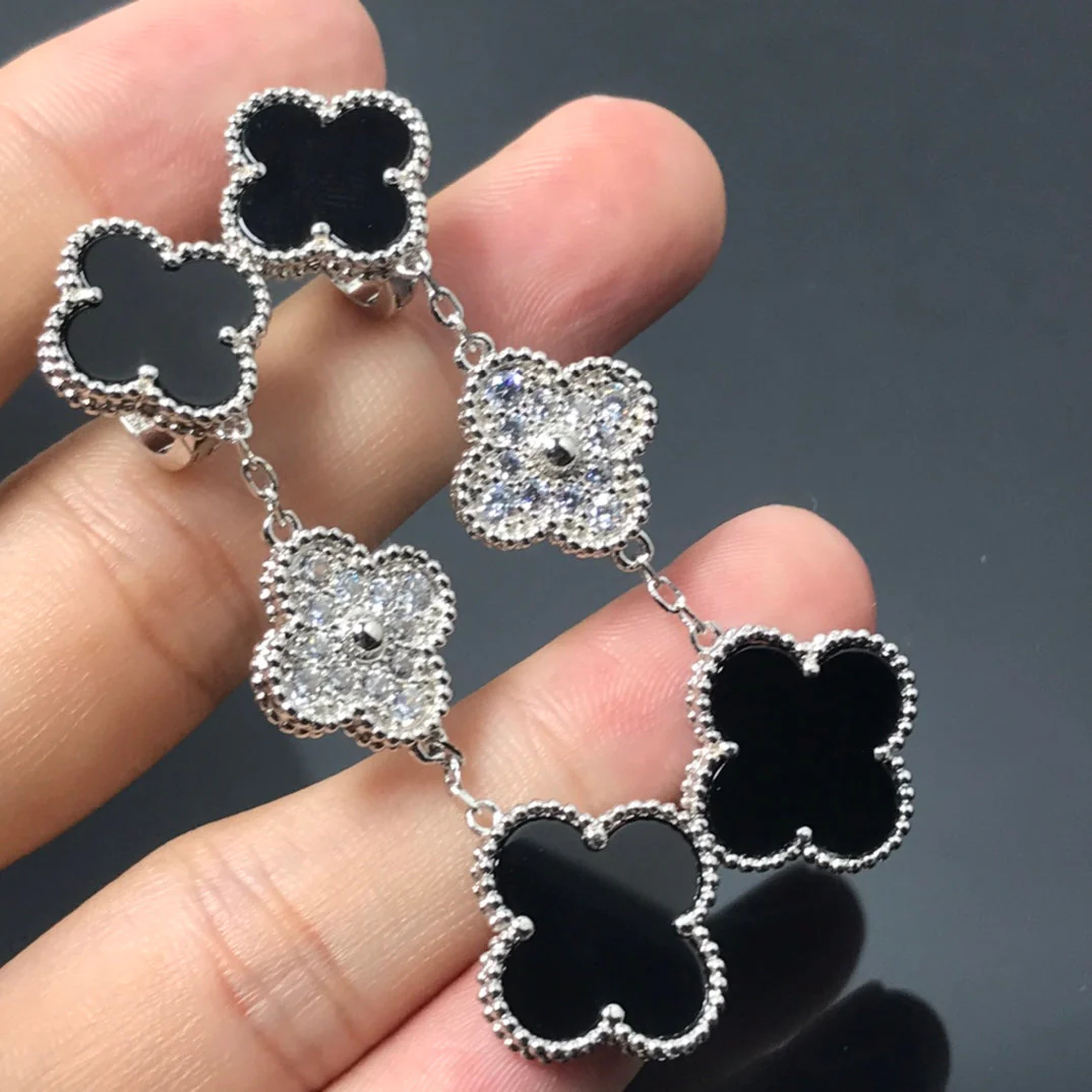 [Van Cleef & Arpels] 3 MOTIF DIAMOND ONYX SILVER EARRINGS