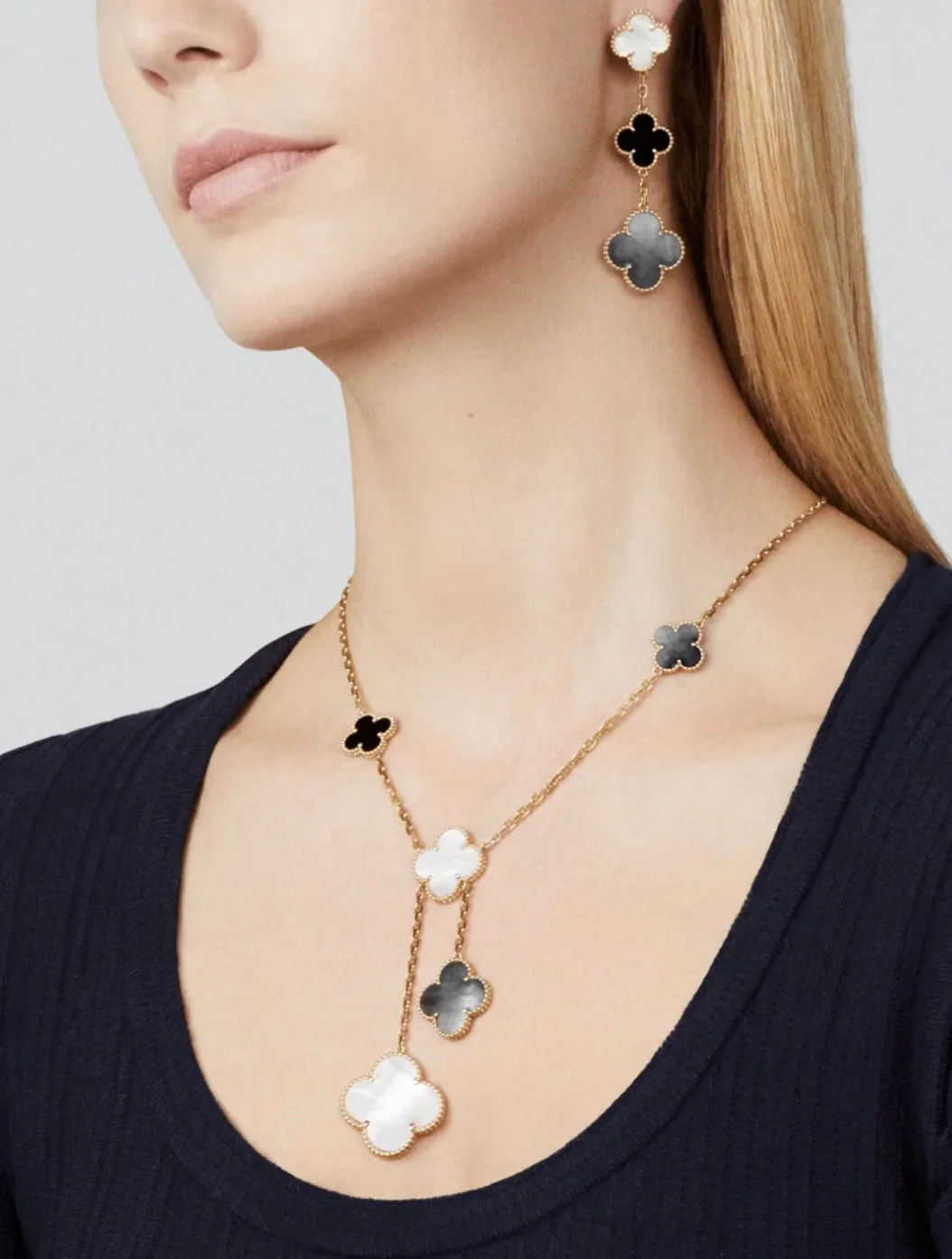 [Van Cleef & Arpels] 3 MOTIF MOP ONYX DARK MOP PINK GOLD EARRINGS