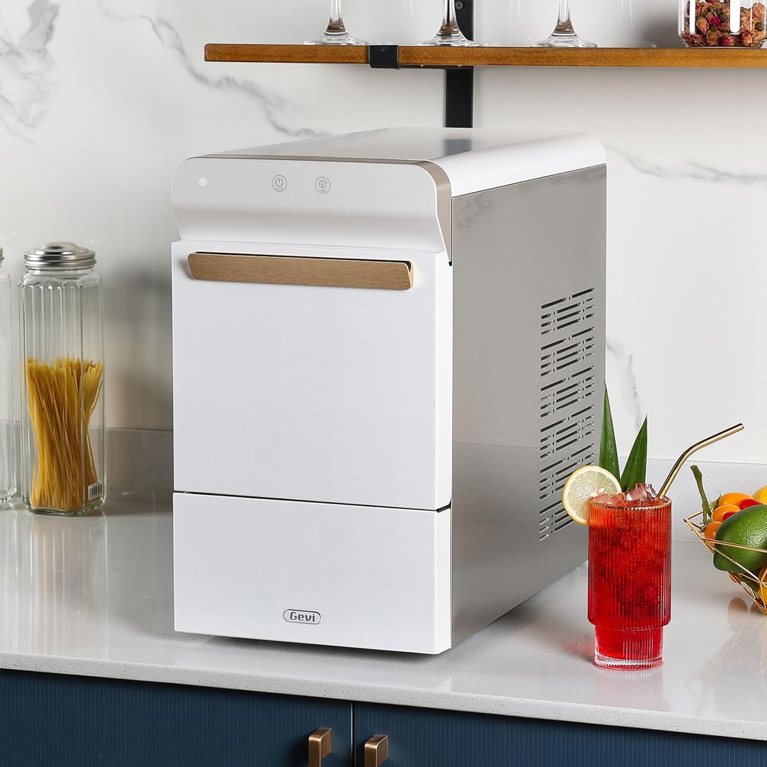 V2.0 Countertop Gemi Nugget Ice Maker | Self-Cleaning Pellet Ice Machine | Open and Pour Water Refill | Stainless Steel Housing | Fit Under Wall Cabinet | White