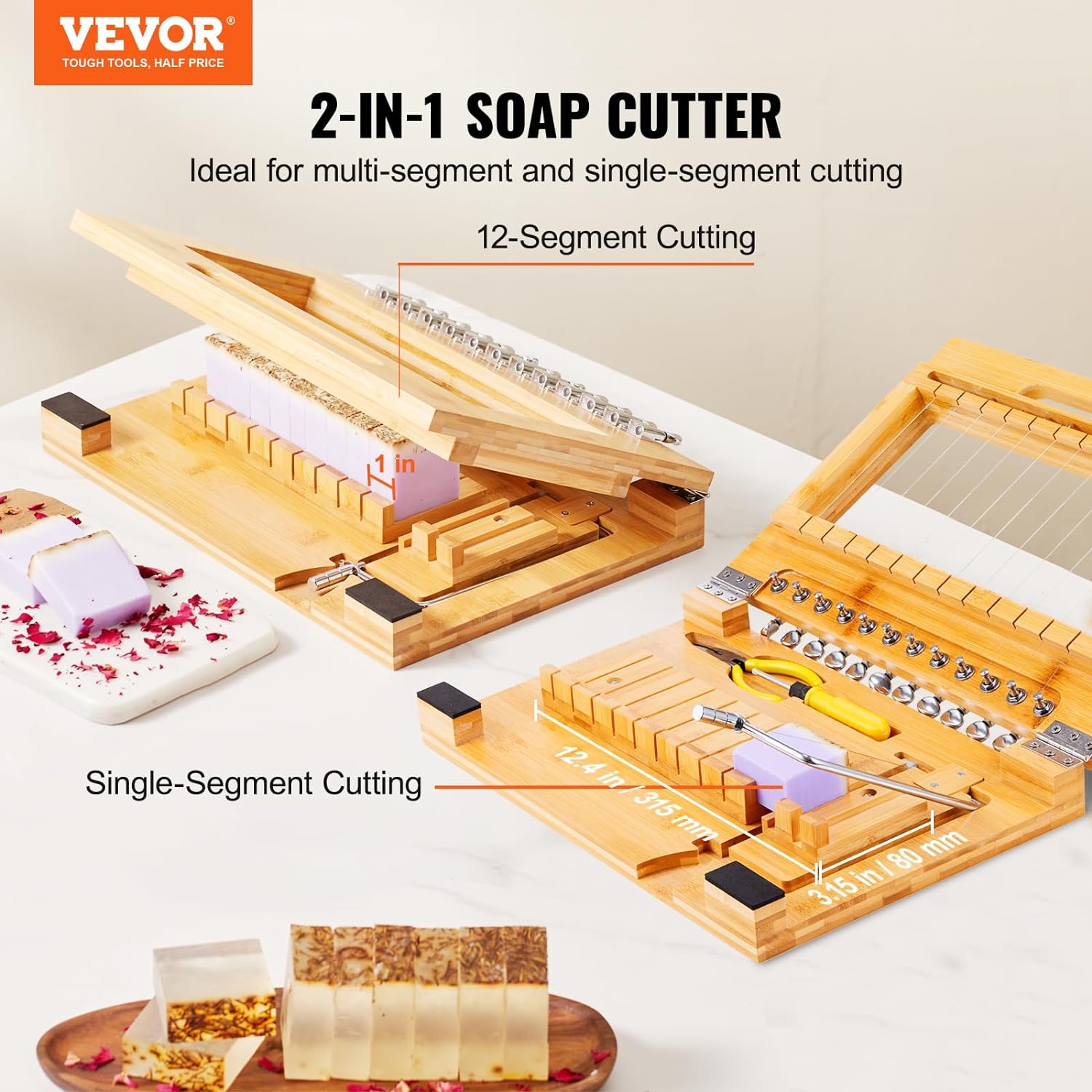 Soap Cutter, Cut 1-12 Bars, Precisely and Accurately Cut 1 Inch Bars, Multi Handmade Soap Wire Cutter, Bamboo Soap Slicer with Steel Wire, for Loaf Candles Cheese Butter DIY Making Tool