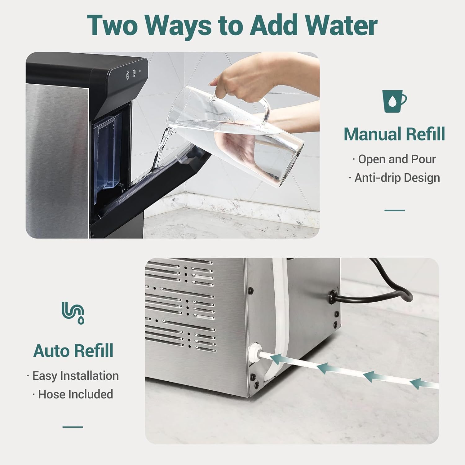 V2.0 Countertop Gemi Nugget Ice Maker | Self-Cleaning Pellet Ice Machine | Open and Pour Water Refill | Stainless Steel Housing | Fit Under Wall Cabinet | White