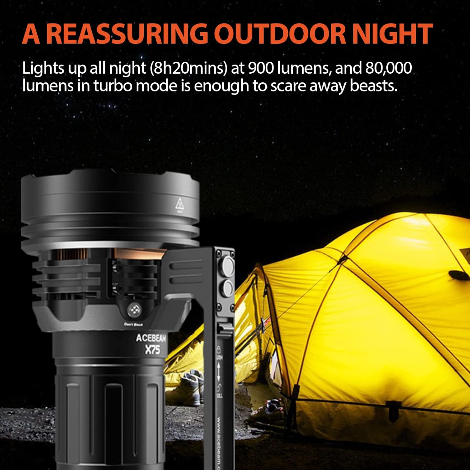 Brightest Flashlight 80,000 Lumens PD60W-100W USB-C Fast Charging/Discharging 1-1.5h Full Charge Detachable Cooling Fan Handheld Searchlight