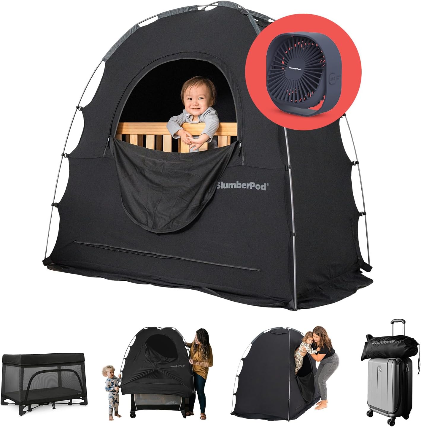 with Fan The Original Blackout Sleep Tent Travel Essential for Baby and Toddlers, Mini Crib and Pack n Play Cover, Sleep Pod with Monitor Pouch and Fan Pouch, Blocks 95%+ Light, Black