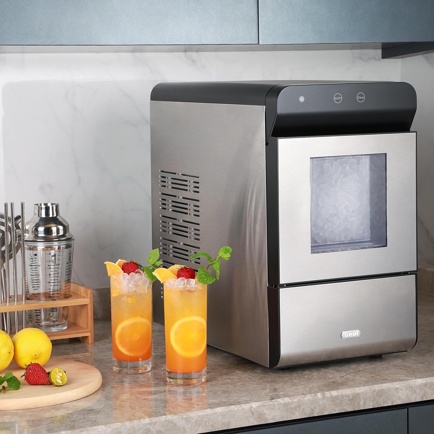 V2.0 Countertop Gemi Nugget Ice Maker | Self-Cleaning Pellet Ice Machine | Open and Pour Water Refill | Stainless Steel Housing | Fit Under Wall Cabinet | White