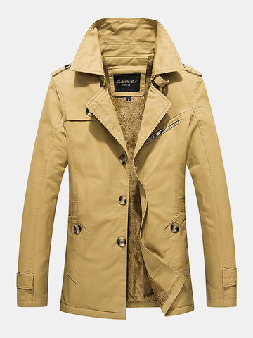 Mens Cotton Thick Plush Lined Button Front Lapel Warm Overcoats With Pocket