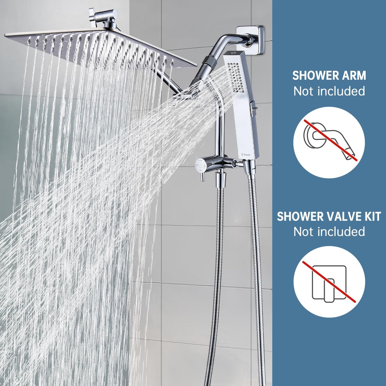 G-Promise All Metal 12'' Rain Shower Head with Handheld Built-in Power Wash Mode 3-way Diverter