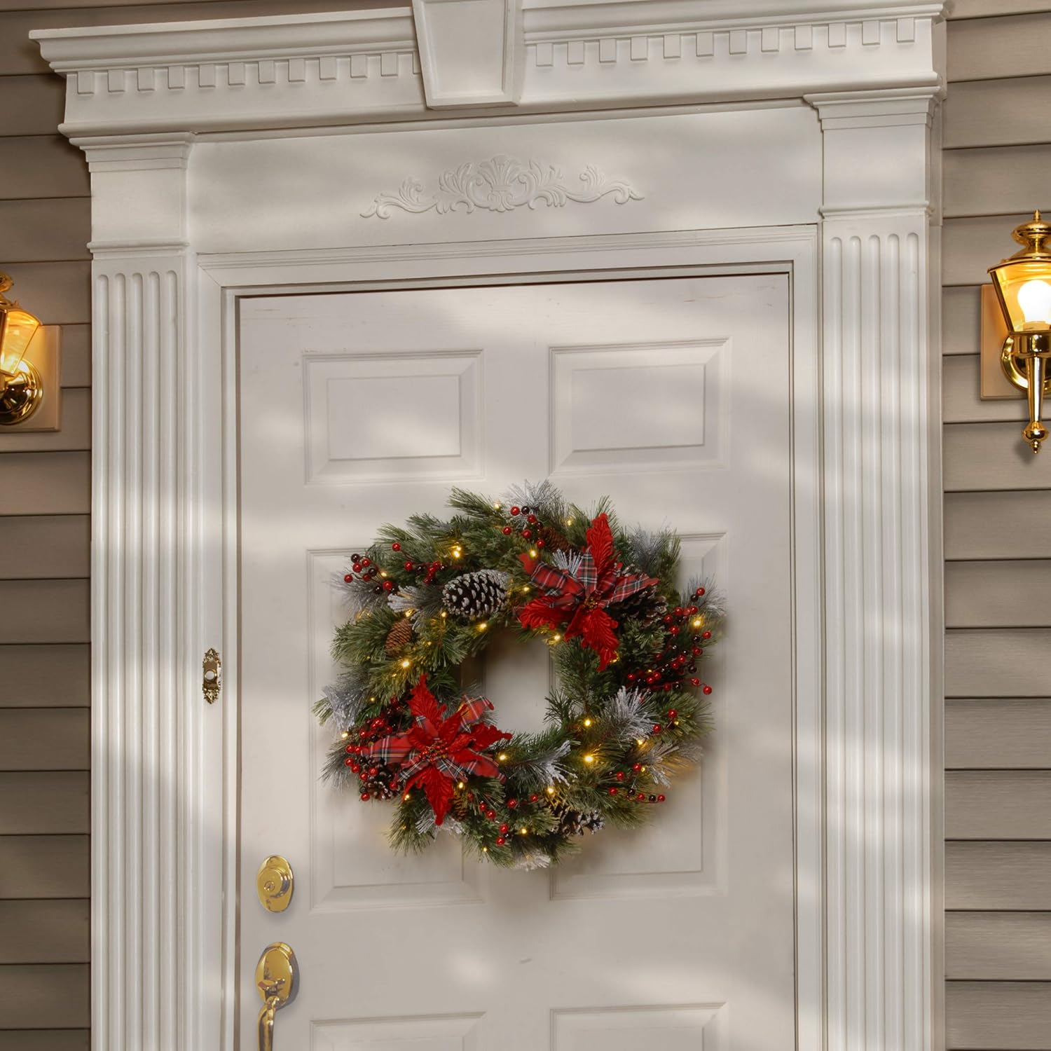 National Tree Company Pre-Lit Artificial Christmas Wreath Green Tartan Plaid White Lights Decorated 24 Inches