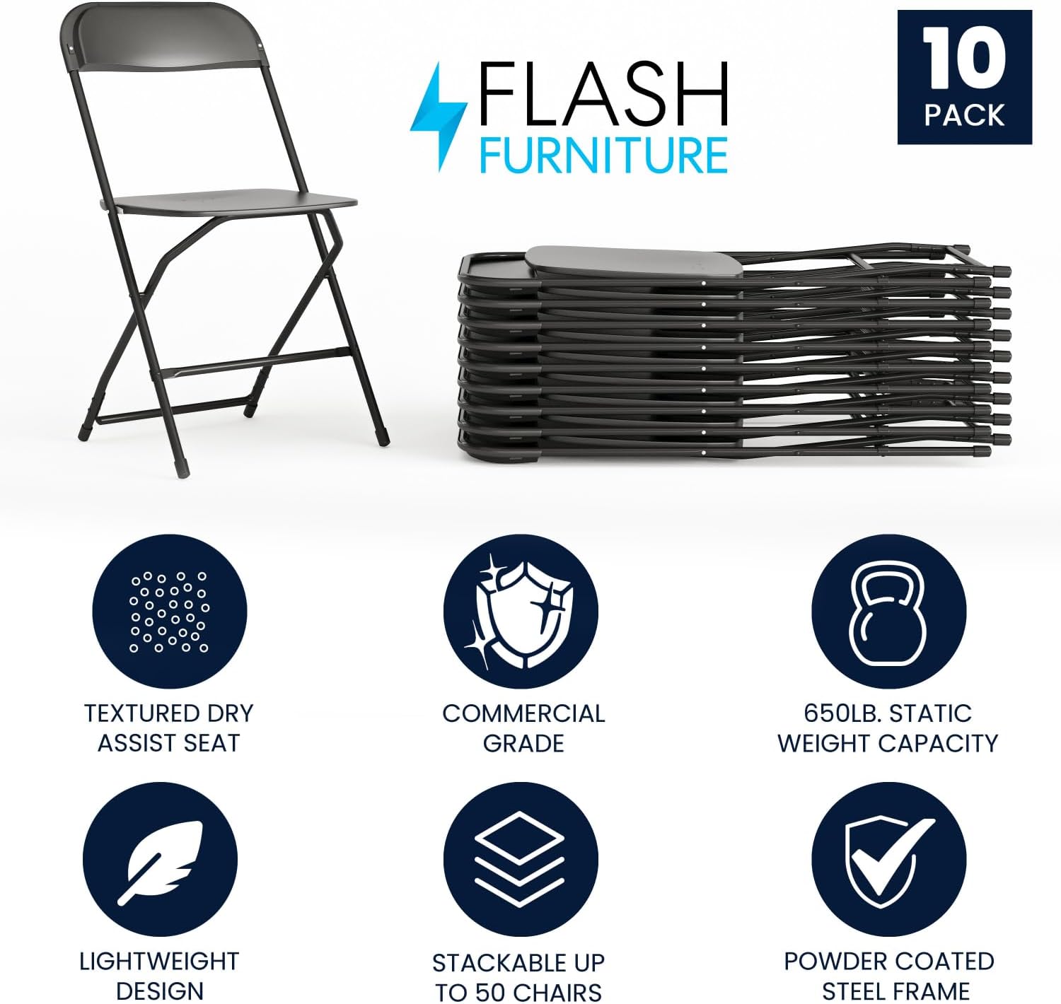 Flash Furniture Comfort Folding Black Folding Chairs, Plastic, Pack of 10