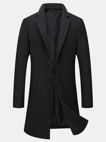 Mens Woolen Solid Business Single-Breasted Windbreaker Mid-Length Overcoat