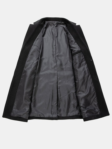 Mens Woolen Solid Business Single-Breasted Windbreaker Mid-Length Overcoat