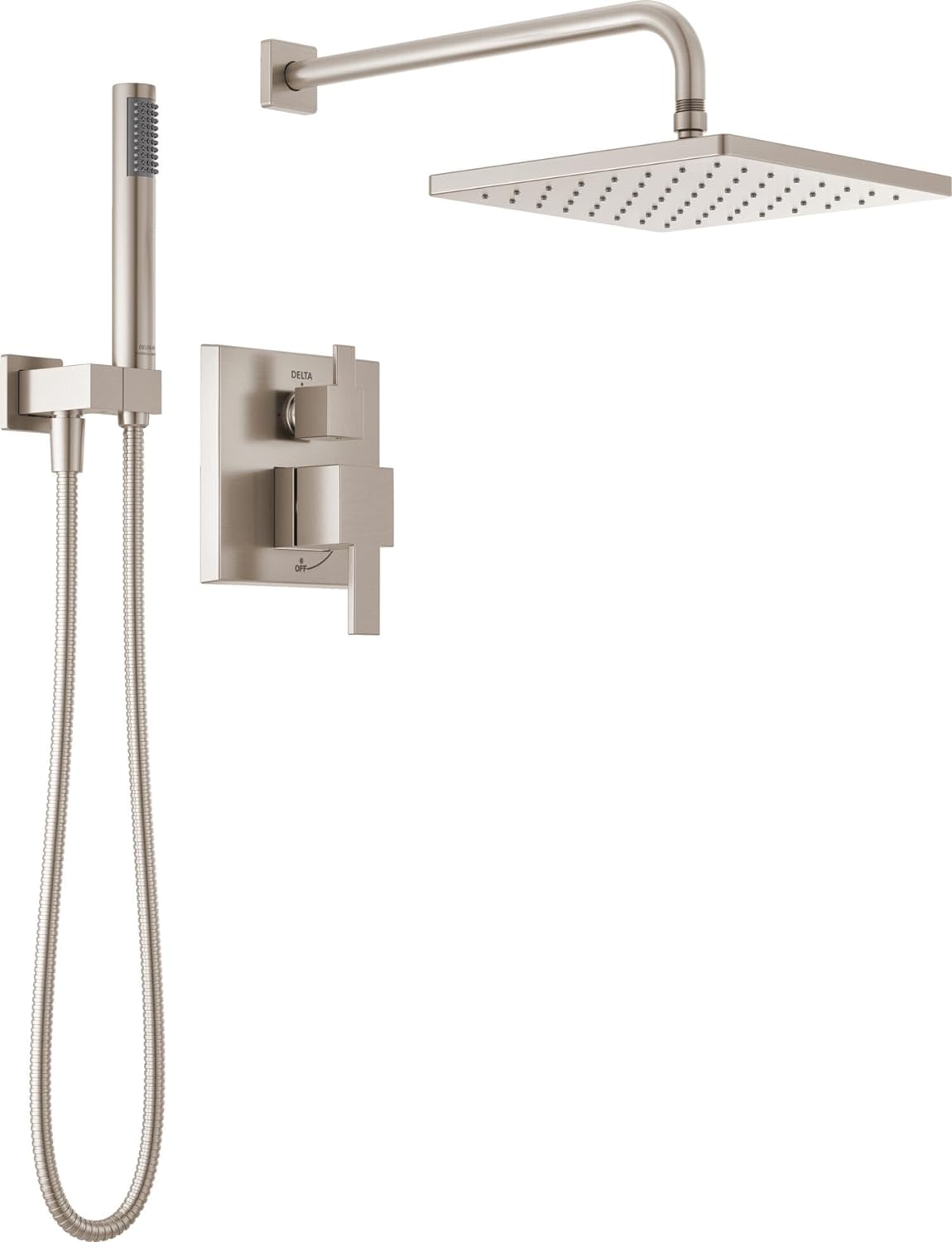 Modern Raincan 2-Setting Square Shower System Including Rain Shower Head and Handheld Spray Black, Rainfall Shower System Brushed Black, Shower Valve Trim Kit, Matte Black 342701-BL