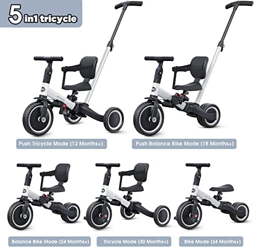 newyoo Toddler Bike  4 in 1 Tricycles for 1 2 3 Year Olds  Balance Bike  Birthday Gift and Toy for Boys and Girls  Kids Tricycle with Parent Steering Push Handle  Removable Pedals  White  TR007