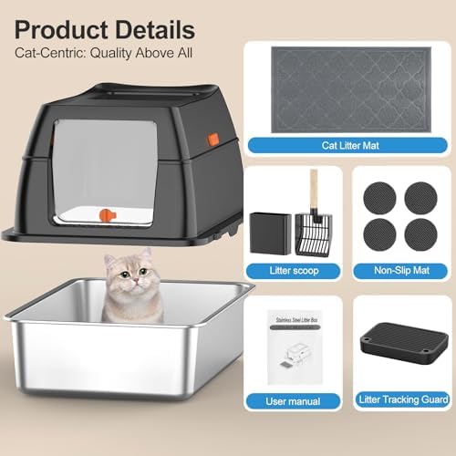 Stainless Steel Litter Box with Lid Front Entry Top Exit Kitty Litter Box Extra Large Enclosed Metal Litter Box with Litter Scoop & Litter Mat-Black