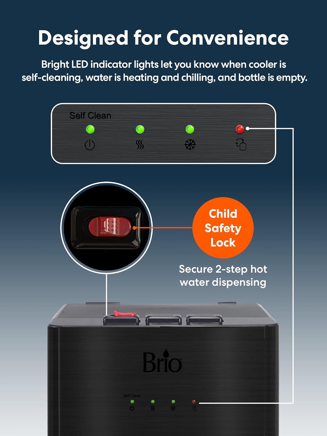 Brio Self Cleaning Bottom Loading Black Stainless Steel 3 Water Temperature Dispenser