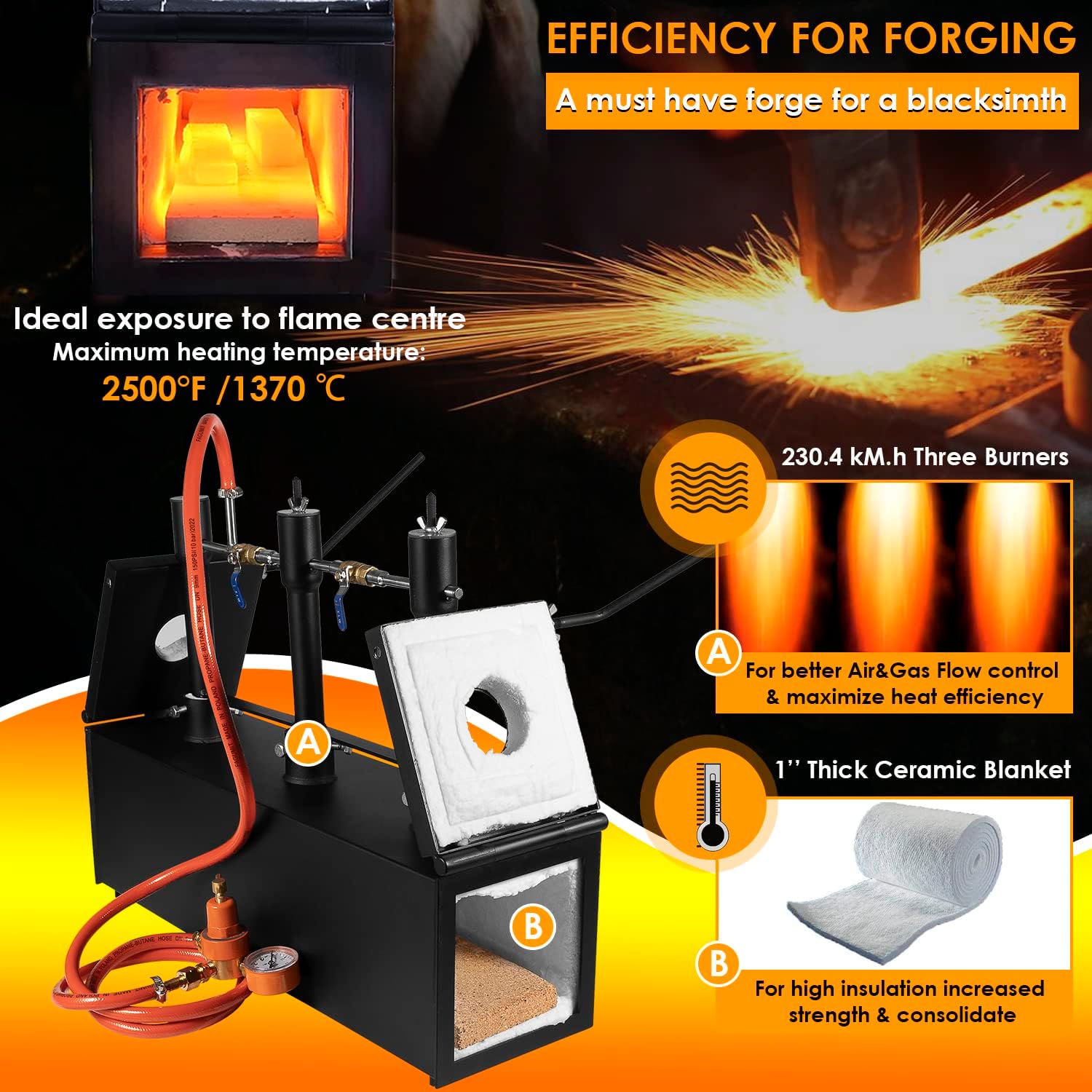 Yoursme Triple Burners Gas Forge Furnace Kit Propane for Blacksmithing Knife Making and Farriers