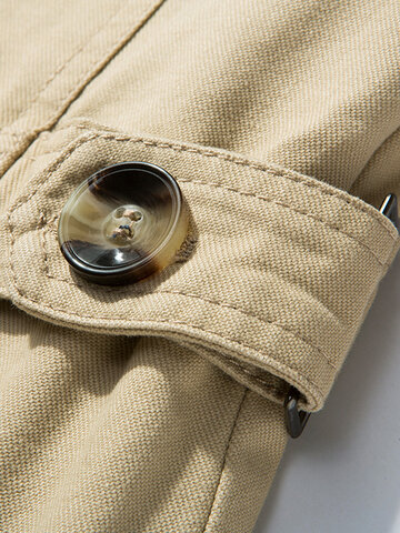 Mens Cotton Thick Plush Lined Button Front Lapel Warm Overcoats With Pocket
