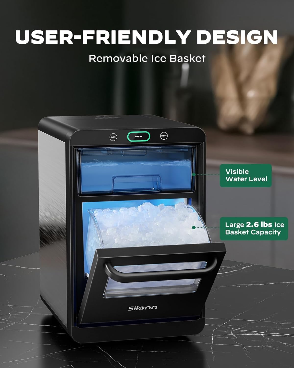 Nugget Ice Maker Countertop Pebble Ice Maker Machine Crushed Ice, Pellet Ice 44 lbs per Day, Pull-Out Water Tank and Removable Ice Basket for Home, Kitchen, Stainless Steel