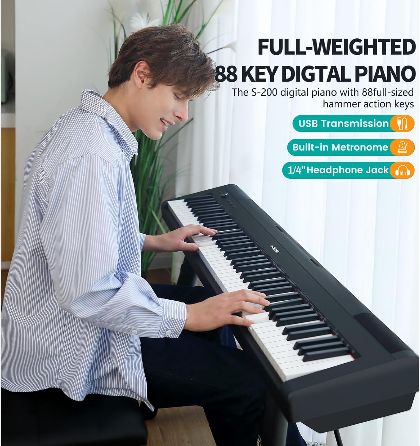 Weighted Piano 88-Key Beginner Digital Piano,Full Size Weighted keyboard with Hammer Action,with Sustain Pedal,2x25W Stereo Speakers,MP3 Function,Piano Lessons,Black,S-200