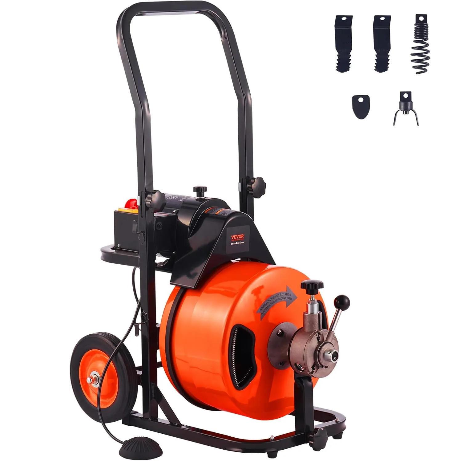 VEVOR Drain Cleaning Machine Sewer Auger Automatic Feed with 4 Cutters Pneumatic Foot Switch