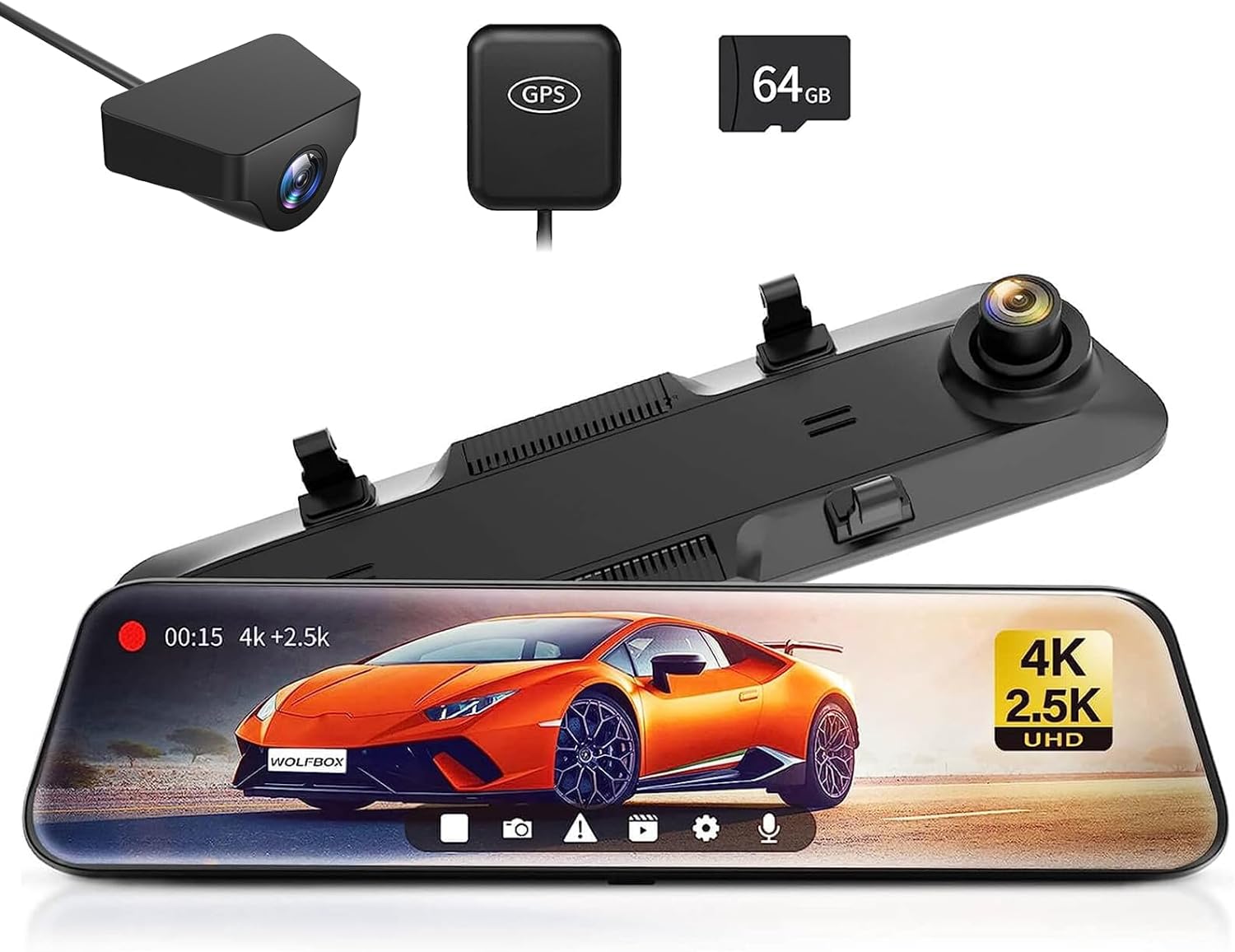 G900 Rear View Mirror Camera, Mirror Dash Cam 4K Front and 2.5K Rear, Smart Full 12’’ Touch Screen, Backup Camera for Car, GPS, WDR, Night Vision, Included 64GB Card