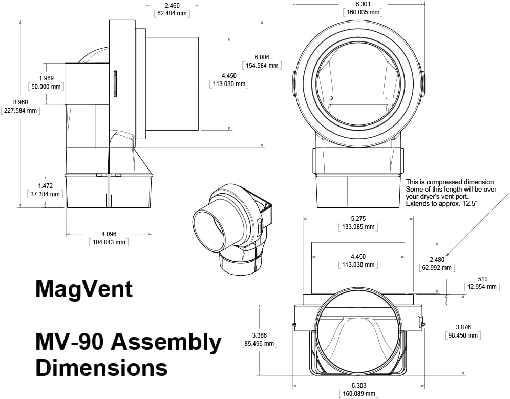 MV-90 Magnetic Dryer Vent Coupling with UL 2158A Dryerflex Hose – Efficient 90° Venting Solution