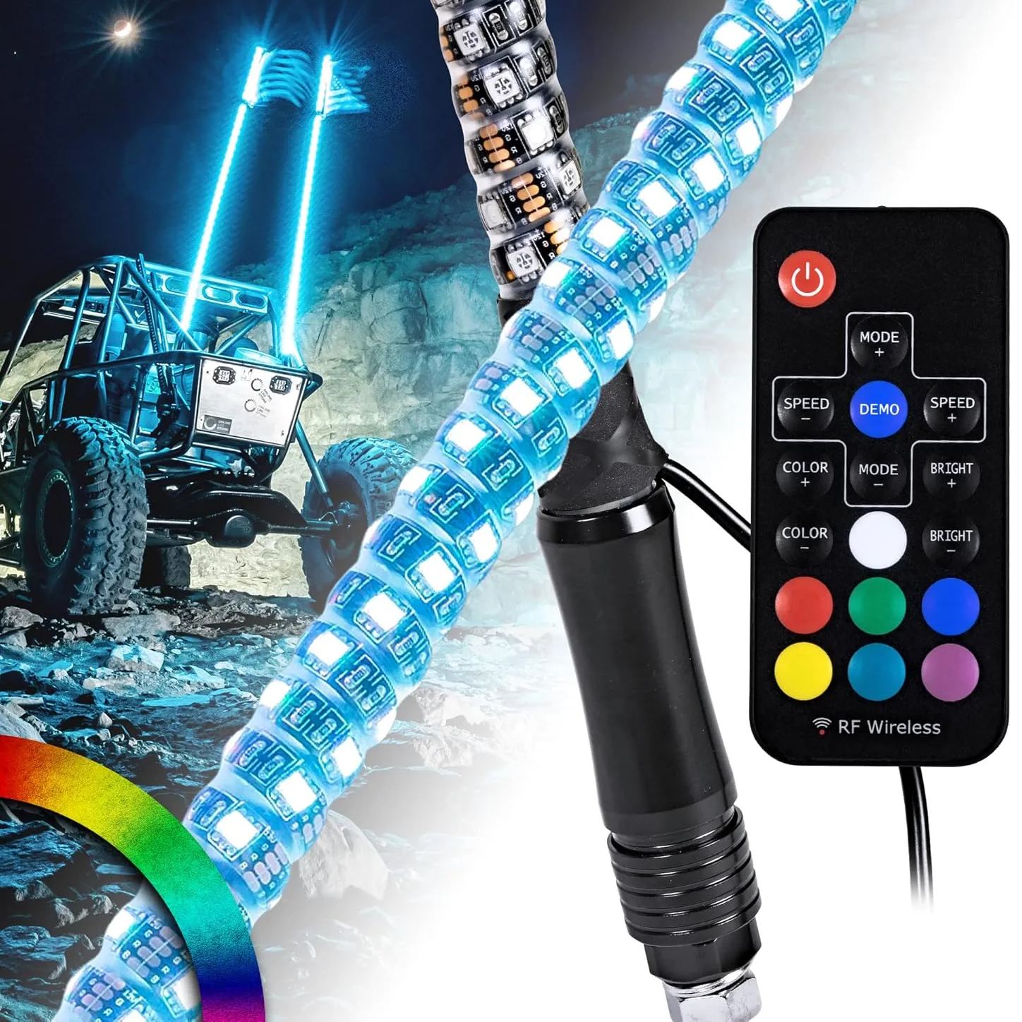 True Mods 2 Piece 6ft Spiral RGB LED Lighting Waterproof Antenna Pole Whip Light
